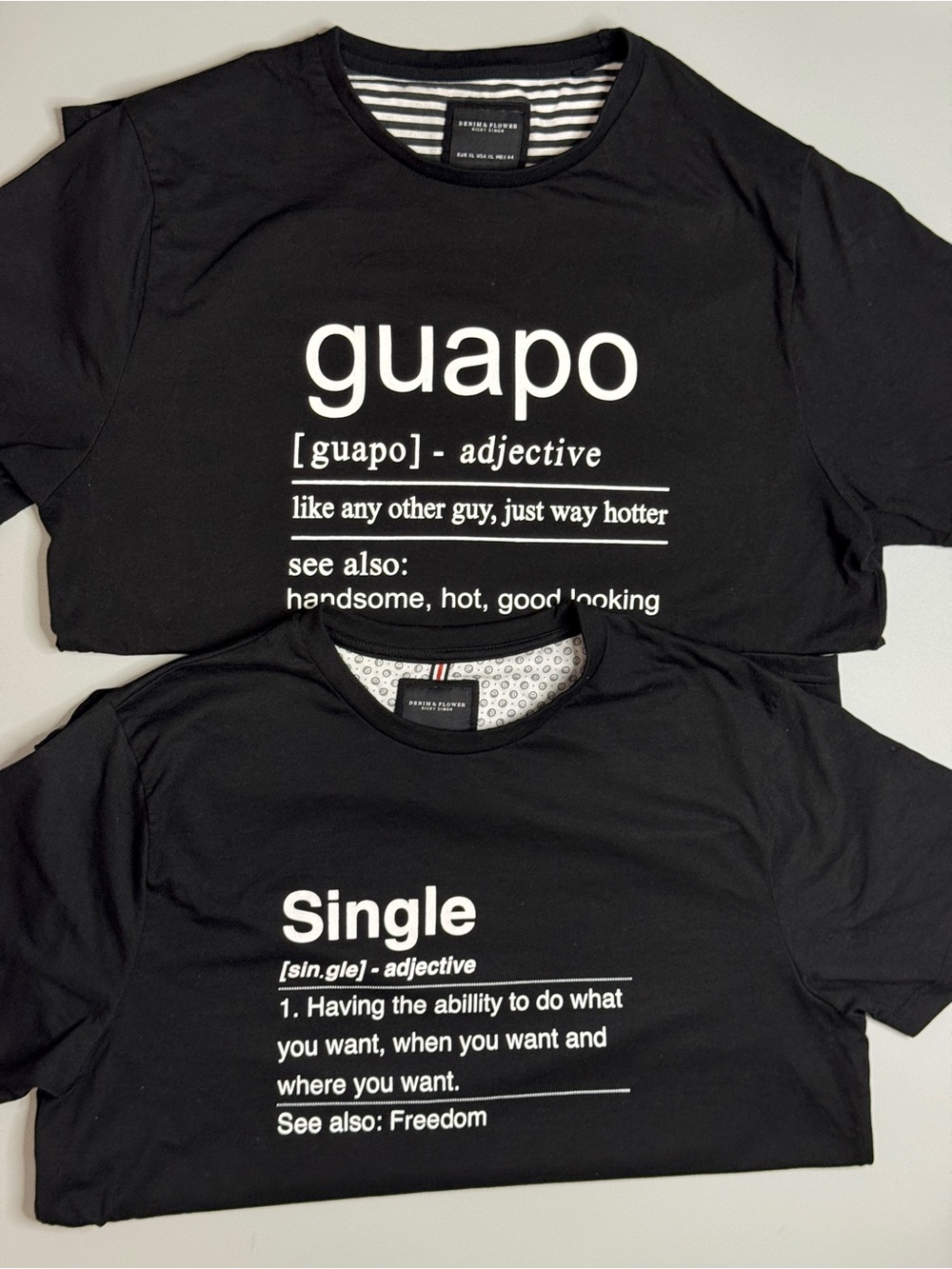 Denim & Flower Black Graphic 'guapo' and 'Single' Short Sleeve Tees